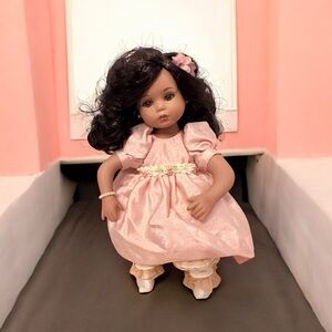 Marie Osmond Tiny Tot Doll Dark Brown Hair Pink Dress With Flowers